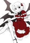  1girl absurdres belt black_bow bow capelet demon_wings dress frilled_capelet frills highres long_sleeves looking_to_the_side medium_hair muchikochang multiple_wings red_dress red_skirt shinki_(touhou) side_ponytail skirt smile solo touhou touhou_(pc-98) white_hair wide_sleeves wings 