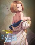  1girl absurdres back bare_shoulders blue_eyes blush breasts brown_hair calendar_(medium) closed_mouth coat english_commentary evomanaphy fire_emblem fire_emblem_heroes freckles heart highres kiran_(female)_(fire_emblem) kiran_(fire_emblem) looking_at_viewer medium_breasts off_shoulder pinup_(style) short_hair smile solo undressing 
