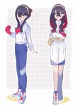  1girl abe_(kumayu) black_hair blue_pants buttons carmine_(pokemon) collared_shirt commentary_request crossed_bangs eyelashes fanny_pack full_body gloves grid_background hair_between_eyes highres holding holding_poke_ball long_hair multiple_views pants poke_ball poke_ball_(basic) pokemon pokemon_(game) pokemon_sv red_gloves shirt shoes shorts sidelocks single_glove smile socks standing white_footwear white_shirt white_shorts yellow_bag zipper_pull_tab 