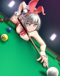  1girl alternate_hairstyle animal_ears ball billiard_ball billiards blue_eyes bow bowtie breast_press breasts cue_stick detached_collar dutch_angle fishnet_pantyhose fishnets grey_hair holding_cue_stick kantai_collection kashima_(kancolle) large_breasts leotard long_hair pantyhose playboy_bunny pool_table rabbit_ears red_bow red_bowtie red_leotard red_nails solo strapless strapless_leotard table udukikosuke wavy_hair wrist_cuffs 