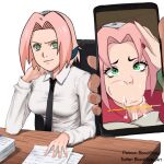  1girl bad_source biscuitsama breasts cellphone cum cum_in_mouth fellatio green_eyes haruno_sakura holding holding_phone large_breasts looking_at_viewer naruto_(series) naruto_shippuuden oral phone pink_hair self-upload table 