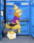  animal_crossing anthro blush bodily_fluids canid canine canis clothed clothing digital_media_(artwork) domestic_dog eyes_closed fart female genital_fluids hair hi_res isabelle_(animal_crossing) mammal nintendo open_mouth panties panties_down partially_clothed peeing ponytail portapotty raveneevee simple_background smile solo tail tail_motion tailwag topwear underwear underwear_down urine urine_stream watersports writing_on_wall 