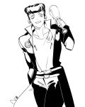  1boy adapted_costume adjusting_clothes adjusting_headwear baseball_bat coat cosplay diamond_wa_kudakenai gakuran greyscale higashikata_josuke high_collar jojo_no_kimyou_na_bouken kujo_jotaro kujo_jotaro_(cosplay) long_coat male_focus monochrome morikiri open_clothes open_coat peace_symbol pompadour school_uniform shoulder_pads solo stardust_crusaders 