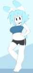  angstrom blue_hair bottomwear breasts clothing crop_top female hair hand_on_hip hi_res hotpants lagomorph leporid mammal molly_(angstrom) rabbit shirt shorts simple_background small_waist solo tank_top topwear 