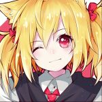  1girl animal_ears arknights blonde_hair bow collared_shirt eyelashes fang hair_bow head_tilt light_particles necktie portrait red_bow red_eyes red_necktie shirt solo sora_(arknights) twintails varinr white_shirt wolf_ears wolf_girl 