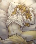  absurd_res anthro blonde_hair blue_eyes blush camisole canid canine chemise classy clothing curled_hair edgar_vladilisitsa embarrassed fangs fox girly hair hi_res male mammal solo stretching suggestive tail tatujapa teeth vintage yellow_body 