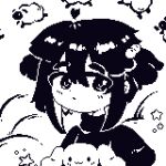  1girl :3 ahoge beads blush closed_mouth counting_sheep doll greyscale hair_beads hair_between_eyes hair_ornament holding holding_doll looking_at_viewer minimilieu monochrome original pixel_art shirt short_hair simple_background solo star_(symbol) thick_eyebrows turtleneck white_background 