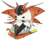  animal_focus artist_name blue_eyes bug commentary english_commentary fire full_body highres no_humans pokemon pokemon_(creature) signature simple_background solo twitter_username volcarona white_background zen_(koko) 