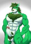  abs absurd_res anthro ball_tuft balls big_penis blush body_hair canid canine canis chest_hair erection fur genitals green_body green_fur hair hi_res humanoid_genitalia humanoid_penis looking_at_viewer male mammal muscular muscular_anthro muscular_male navel pecs penis pubes silvertain simple_background solo tuft wolf yellow_eyes 