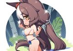  1girl animal_ears arm_up ass bare_shoulders bikini blue_bikini blue_flower blue_rose blurry blurry_background breasts brown_hair chibi commentary ear_scrunchie flower from_side hair_between_eyes hand_up horse_ears horse_girl horse_tail large_breasts long_hair looking_at_viewer low_twintails multicolored_hair no_nose parted_lips profile red_scrunchie rose scrunchie sideboob skindentation solo sparkle streaked_hair swimsuit tail thighs tree twintails umamusume very_long_hair wading warashi water wet white_hair yamanin_zephyr_(umamusume) yellow_eyes 