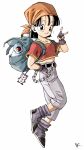  1girl backpack bag bandana belt black_belt black_eyes black_hair chain closed_mouth commentary_request crop_top cropped_shirt dragon_ball dragon_ball_gt female_child fingerless_gloves full_body giru_(dragon_ball) gloves grey_footwear grey_gloves grey_pants hand_on_own_hip hand_up highres kakeru_(dbskakeru) looking_at_viewer midriff_peek orange_bandana pan_(dragon_ball) pants red_shirt robot shirt short_hair short_sleeves signature smile v white_background 