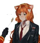  1girl 1other animal_ears black_coat black_gloves black_vest blush bow cat_ears cat_teaser closed_mouth coat freckles gloves hair_bow highres ishmael_(limbus_company) limbus_company long_hair long_sleeves msx_(mis4xi) necktie orange_hair out_of_frame plant project_moon red_necktie sidelocks simple_background upper_body very_long_hair vest white_background white_bow wing_collar 