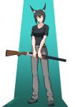  1girl absurdres animal_ears arbor_spirit artist_name blonde_hair collarbone double-barreled_shotgun fox_ears gun highres holding holding_gun holding_weapon original shirt shoes short_hair shotgun smile solo standing t-shirt toz-34 weapon 