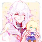  1boy ahoge argon_(caocaocaocaocao) artoria_pendragon_(fate) blonde_hair blue_eyes fate/grand_order fate_(series) flower_knot hair_between_eyes highres holding holding_toy hood hooded_robe long_hair looking_at_viewer male_focus merlin_(fate) one_eye_closed purple_eyes robe saber smile solo stuffed_toy toy upper_body white_hair white_robe 