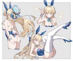  1girl animal_ears aqua_bow aqua_bowtie ass blonde_hair blue_archive blue_bow blue_eyes blue_footwear blue_hair bow bowtie braid breasts cleavage commentary detached_collar fake_animal_ears fake_tail grey_background hair_bow halo headset highres hoshiko_(419401x) legs_up long_hair looking_at_viewer medium_breasts multicolored_hair multiple_views official_alternate_costume playboy_bunny rabbit_ears rabbit_tail shoes sideboob simple_background tail thighhighs toki_(blue_archive) toki_(bunny)_(blue_archive) two-tone_hair v white_thighhighs 