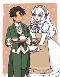  1boy 1girl black_hair butler cookie cup cyril_(fire_emblem) dolly_deer fire_emblem fire_emblem:_three_houses fire_emblem_heroes food highres lysithea_von_ordelia lysithea_von_ordelia_(tea_party) maid official_alternate_costume official_alternate_hairstyle teacup teapot white_hair 