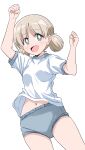  1girl :d aki_(girls_und_panzer) arm_up blue_buruma bright_pupils buruma clenched_hand commentary girls_und_panzer green_eyes gym_shirt gym_uniform hair_tie highres light_brown_hair looking_at_viewer low_twintails midriff_peek navel open_mouth ponzu_rui raised_fist shirt short_hair short_sleeves short_twintails simple_background smile solo standing t-shirt twintails white_background white_pupils white_shirt 