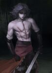  1boy cahara cowboy_shot fear_&amp;_hunger gloves grey_hair highres holding holding_sword holding_weapon looking_down male_focus medium_hair nat_the_lich painterly pectorals scar scar_on_chest sword toned toned_male topless_male weapon 