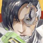  1boy apex_legends biwon_blade black_hair black_sclera close-up colored_sclera crypto_(apex_legends) cyborg frown grey_jacket jacket looking_at_viewer male_focus metcha_(amonka3) official_alternate_costume orange_eyes portrait science_fiction solo sword weapon whitelisted_crypto 