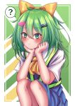  1girl ? absurdres ascot blue_dress blush bow closed_mouth commentary_request cookie_(touhou) daiyousei diyusi_(cookie) dress expressionless feet_out_of_frame flat_chest green_eyes green_hair hair_between_eyes hair_bow hair_ornament hairclip head_rest heart heart_hair_ornament high-visibility_vest highres long_bangs long_hair looking_at_viewer nb_mgnorkr pinafore_dress ponytail shirt short_sleeves sleeveless sleeveless_dress solo spoken_question_mark squatting touhou unusually_open_eyes white_shirt yellow_ascot yellow_bow 