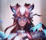  1girl ahri_(league_of_legends) animal_ears blue_eyes breasts cleavage close-up closed_mouth english_commentary facial_mark fingernails fox_ears fox_girl glowing glowing_eyes glowing_hand gradient_hair hair_ornament jewelry league_of_legends long_hair looking_at_viewer multicolored_hair necklace official_alternate_costume official_alternate_hairstyle pink_hair portrait sharp_fingernails shoulder_tattoo smile snow_moon_ahri solo tattoo whisker_markings zhouzx1026 