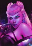  1girl breasts cropped_jacket demon demon_girl evelynn_(league_of_legends) highres jewelry large_breasts league_of_legends long_hair looking_at_viewer makeup off_shoulder parted_lips solo spykeee the_baddest_evelynn white_hair yellow_eyes 