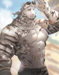  1boy abs adjusting_eyewear animal_ears arknights bara blue_eyes blurry blurry_background cowboy_shot facial_hair furry furry_male goatee highres large_pectorals looking_at_viewer mountain_(arknights) muscular muscular_male navel neumo nipples official_alternate_hairstyle pectorals scar scar_across_eye scar_on_arm short_hair short_ponytail solo sunglasses sunlight tail thick_eyebrows tiger_boy tiger_ears tiger_tail v-taper white_fur white_hair 
