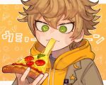  1boy blush_stickers brown_hair cheese_trail desuhiko_thunderbolt eating food green_eyes hair_between_eyes highres holding holding_food holding_pizza hood hood_down hoodie jacket male_focus master_detective_archives:_rain_code natto_rain pizza pizza_slice simple_background solo spiked_hair upper_body 