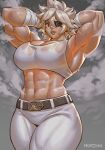  abs absurdres arms_behind_head belt blonde_hair breasts debonair_diamond eyepatch hand_wraps highres large_breasts m4rjinn muscular muscular_female pants red_eyes red_hood red_hood_(kawaguchi) short_hair sweat tank_top thick_thighs thighs tight_clothes tight_pants 