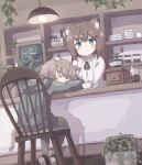  2girls animal_ears blue_eyes blue_hoodie blush brown_hair cafe cat_ears cat_girl cat_tail ceiling_light chair closed_mouth coffee_beans coffee_maker_(object) colon_br cup dutch_angle frilled_shirt frills green_pantyhose hair_ornament hairclip head_rest highres hood hood_down hoodie indoors leaning_on_table legs_apart long_bangs long_hair long_sleeves looking_at_viewer multiple_girls original pantyhose plant potted_plant saucer shelf shirt sidelocks sign sitting sleeping smile straight_hair tail teacup white_shirt 