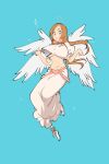 1girl angel_wings bleach boots bra breasts brown_eyes brown_hair full_body halo highres immokkosan inoue_orihime large_breasts long_hair midriff open_mouth shirt skirt solo underwear white_bra white_shirt white_skirt wings 