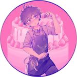  1boy apron cake commentary cowboy_shot english_commentary food fruit holding holding_food holding_fruit holding_spoon male_focus original pink_background pink_theme polo_shirt purple_eyes purple_hair saiyakyun signature sleeves_rolled_up solo spoon strawberry wooden_spoon 
