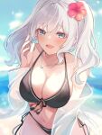  1girl beach bikini black_bikini blue_eyes blush breasts cleavage collarbone day flower grey_hair hair_flower hair_ornament highres jewelry kantai_collection kashima_(kancolle) large_breasts long_hair looking_at_viewer navel necklace ocean open_mouth ranran_3939 red_flower smile solo swimsuit twintails upper_body 