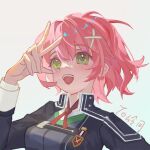  eiyuu_densetsu green_eyes highres jacket juna_crawford open_mouth pink_hair portrait school_uniform sen_no_kiseki sen_no_kiseki_iii short_hair signature simple_background smile thors_military_academy_branch_campus_uniform uniform v white_background yazawa_yuki 