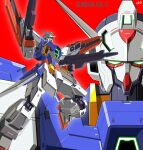  ash_(meiya1216) beam_rifle character_name commentary dual_wielding energy_gun glowing glowing_eyes green_eyes gun gundam gundam_age gundam_age-2 gundam_age-2_double_bullet highres holding holding_gun holding_weapon mecha mobile_suit no_humans projected_inset red_background robot science_fiction simple_background v-fin weapon 