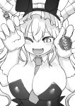  2girls :d absurdres animal_ears bare_shoulders between_breasts blush breasts cleavage cool-kyou_shinja detached_collar dragon_girl dragon_horns fake_animal_ears fang glasses gloves gradient_hair greyscale hair_between_eyes hands_up highres horns kobayashi-san_chi_no_maidragon kobayashi_(maidragon) large_breasts leotard long_hair looking_at_viewer maid_headdress monochrome multicolored_hair multiple_girls necktie necktie_between_breasts official_art one_eye_closed open_mouth playboy_bunny rabbit_day rabbit_ears rabbit_pose round_eyewear simple_background slit_pupils smile solo_focus strapless strapless_leotard tohru_(maidragon) twintails upper_body very_long_hair white_background 