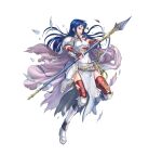  1girl armor blue_eyes blue_hair breastplate cape elbow_gloves fire_emblem fire_emblem:_the_blazing_blade fire_emblem_heroes full_body gloves holding holding_polearm holding_weapon isadora_(fire_emblem) long_hair official_art pelvic_curtain polearm shoulder_armor solo sword vambraces weapon white_cape 