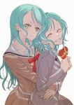  2girls absurdres aqua_hair arms_around_waist bang_dream! blazer bow box braid brown_skirt commentary_request gift green_eyes grey_jacket grin heart-shaped_box highres hikawa_hina hikawa_sayo holding holding_gift hug hug_from_behind incest jacket junjun_(kimi-la) long_hair long_sleeves medium_hair multiple_girls neck_ribbon pleated_skirt red_ribbon ribbon sailor_collar school_uniform siblings sisters skirt smile twin_braids twincest twins valentine white_sailor_collar yellow_bow yuri 