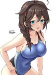  1girl black_one-piece_swimsuit blue_eyes blue_one-piece_swimsuit blush braid breasts brown_hair competition_swimsuit covered_navel cowboy_shot dated hair_between_eyes hair_flaps hair_ornament hair_over_shoulder hair_ribbon highleg highleg_swimsuit highres kantai_collection long_hair looking_at_viewer montemasa multicolored_clothes multicolored_swimsuit one-piece_swimsuit open_mouth ribbon shigure_(kancolle) shigure_kai_ni_(kancolle) simple_background single_braid smile solo swimsuit twitter_username two-tone_swimsuit white_background 