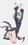  1girl :o arms_up black_dress black_footwear breasts commentary curly_hair dress eyelashes flipped_hair floating full_body green_eyes green_hair high_heels legs legs_up long_sleeves looking_up medium_breasts one-punch_man open_mouth pantylines side_slit simple_background skinny solo tatsumaki taut_clothes taut_dress urasato v-shaped_eyebrows white_background 