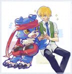  accessory anthro bandai_namco blonde_hair blue_body blue_eyes blue_fur blush boxing_gloves canid canine claws clothing digimon digimon_(species) digimon_data_squad duo fur gaomon hair handwear headband human lanllan male mammal necktie petting thomas_norstein topwear vest 