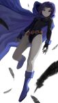  1girl belt black_leotard boots breasts cape closed_mouth colored_skin commentary covered_navel dc_comics expressionless feathers forehead_jewel full_body grey_skin highres jourd4n leotard looking_at_viewer medium_breasts purple_eyes purple_footwear purple_hair raven_(dc) short_hair solo teen_titans 