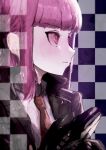  1girl black_gloves blue_background blunt_bangs brown_necktie checkered_background collared_shirt commentary_request danganronpa:_trigger_happy_havoc danganronpa_(series) frown gloves grey_shirt hands_up highres kirigiri_kyoko long_hair necktie pale_skin pink_eyes pink_hair profile shirt solo sugawara_(sugawaraaaaa) white_background 