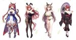  4girls :d adapted_costume alternate_animal_ears animal_ears armored_boots armpits arms_up bikini black_bow black_bowtie black_footwear black_kimono black_leotard black_pantyhose blush boots bow bowtie breasts brown_eyes brown_hair cleavage closed_mouth collarbone commentary_request covered_navel daiwa_scarlet_(umamusume) detached_collar dress ear_covers fake_animal_ears floral_print flower full_body furisode gauntlets green_bikini grey_hair hair_bun hair_flower hair_intakes hair_ornament hand_up highleg highres holding holding_umbrella horse_ears horse_girl horse_tail huge_breasts japanese_clothes kannko_bokujou kimono large_breasts leotard long_hair long_sleeves looking_at_viewer multicolored_hair multiple_girls navel nice_nature_(umamusume) obi oil-paper_umbrella okobo open_mouth pantyhose playboy_bunny print_kimono purple_eyes rabbit_ears red_flower sash satono_diamond_(umamusume) side-tie_bikini_bottom smile socks standing stomach strapless strapless_leotard streaked_hair swimsuit tabi tail thigh_boots thighband_pantyhose thighs tiara twintails umamusume umbrella white_background white_socks wide_sleeves yellow_eyes 