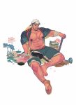  1boy absurdres affectionate animal_on_lap artist_painter bandaged_arm bandages bara bare_pectorals belly bucket bulge cat cat_on_lap chest_hair facial_hair fat_rolls feet from_above full_body goatee hachimaki headband highres kuroshima_kurishiro_(muyi24108414) large_pectorals leg_hair long_sideburns male_focus muscular muscular_male mustache_stubble navel navel_hair nipple_piercing nipple_rings nipples on_lap original paint_splatter paintbrush pants pants_rolled_up pectorals piercing plump rope sandals scar scar_on_chest seductive_smile short_hair sideburns sitting smile soles solo spread_legs stomach strongman_waist thick_eyebrows thick_thighs thighs white_background 