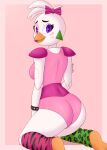  2023 absurd_res animatronic anthro avian beak big_breasts bird breasts butt chicken clothed clothing digital_media_(artwork) dmoon ear_piercing ear_ring female five_nights_at_freddy&#039;s five_nights_at_freddy&#039;s:_security_breach fur galliform gallus_(genus) glamrock_chica_(fnaf) hair hi_res lipstick looking_at_viewer machine makeup mammal phasianid piercing purple_eyes ring_piercing robot scottgames simple_background smile solo steel_wool_studios thick_thighs white_body white_fur 