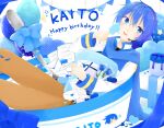  1boy balloon birthday blue_bow blue_eyes blue_flower blue_hair blue_heart blue_nails blue_rose blue_scarf bow brown_pants commentary english_text flower food gift happy happy_birthday heart high_collar highres holding holding_food holding_ice_cream ice_cream ice_cream_tub kaito_(vocaloid) letter long_coat long_sleeves mail male_focus microphone nail_polish omochi. open_mouth pants pillow rose scarf short_hair sitting smile solo spoon star_(symbol) string_of_flags vocaloid 