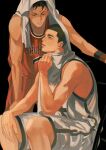  2boys 4cucu7 basketball_jersey basketball_uniform black_background black_eyes black_hair black_wristband brown_eyes brown_hair buzz_cut drying earrings feet_out_of_frame fukatsu_kazunari hand_on_own_knee highres jewelry looking_at_another male_focus miyagi_ryouta multiple_boys red_shorts red_tank_top red_wristband short_hair shorts sitting slam_dunk_(series) sportswear stud_earrings sweat tank_top toned toned_male towel towel_around_neck towel_on_head undercut very_short_hair very_sweaty wavy_hair white_shorts white_tank_top white_towel wiping_face 