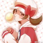  1girl bow brown_eyes brown_hair bubble_blowing cabbie_hat chewing_gum drawstring hat hat_bow hat_ribbon heart hood hood_down hoodie jacket long_hair looking_at_viewer lyra_(pokemon) mikka_tsukiyo outline pokemon pokemon_(game) pokemon_hgss red_bow red_jacket red_ribbon ribbon sleeves_past_wrists solo twintails twitter_username upper_body white_headwear white_jacket 