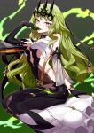  1girl absurdres asymmetrical_gloves bare_shoulders black_dress black_gloves breasts brown_eyes claw_ring closed_mouth commentary dress elbow_gloves english_commentary gloves green_hair hand_up highres honkai_(series) honkai_impact_3rd long_hair looking_at_viewer medium_breasts mobius_(honkai_impact) single_elbow_glove smile solo very_long_hair white_dress yun-yang 